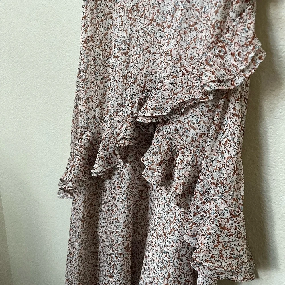 FLORET STUDIOS | Cold Shoulder Asymmetric Ruffle Dress In Rust-Cream | Size XS